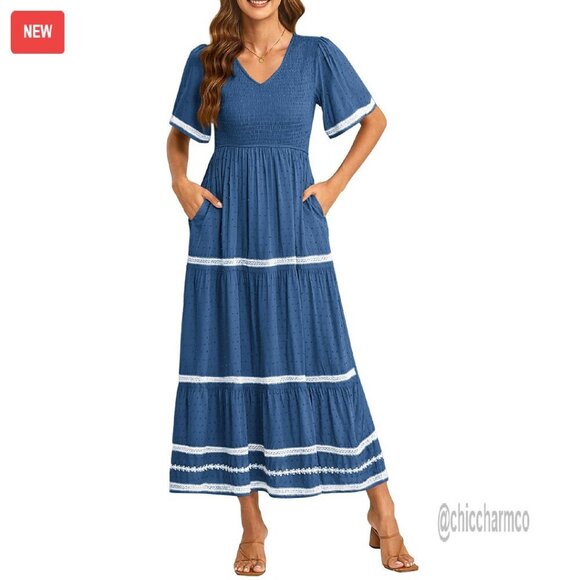 Dresses & Skirts - Women's Casual Maxi Dress Short Sleeve V Neck Smocked Flowy Beach